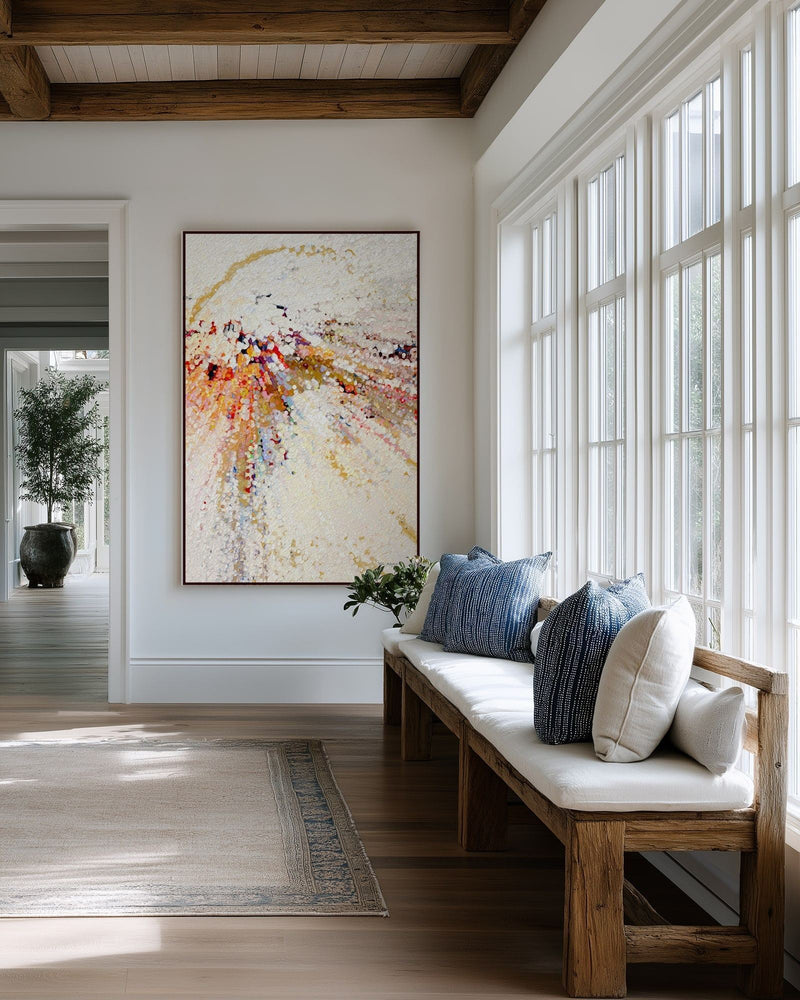 Learn To Live In Joy, John 16:22 canvas print above a cushioned bench beside a wall of windows