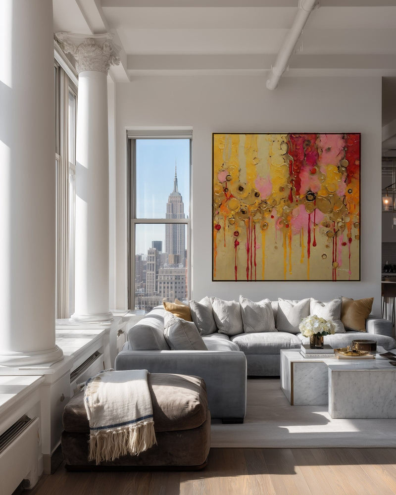 Divine Rainfall, Isaiah 45:8 canvas print above a grey sofa in a city loft