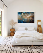 Be Fearless, 2 Timothy 1:7 canvas print above a low bed in a bedroom with a patterned rug