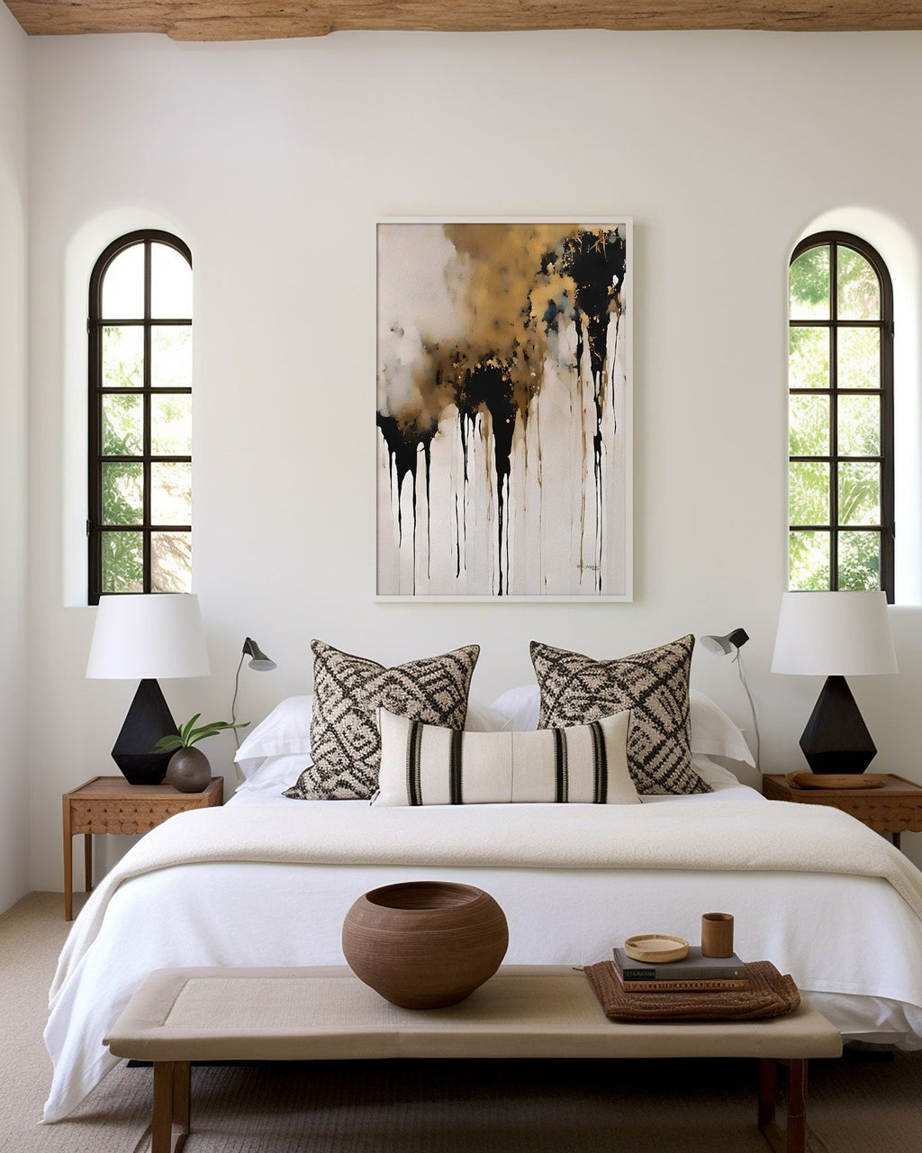 Crowned in Triumph, Revelation 3:21 canvas print above the bed between two arched windows
