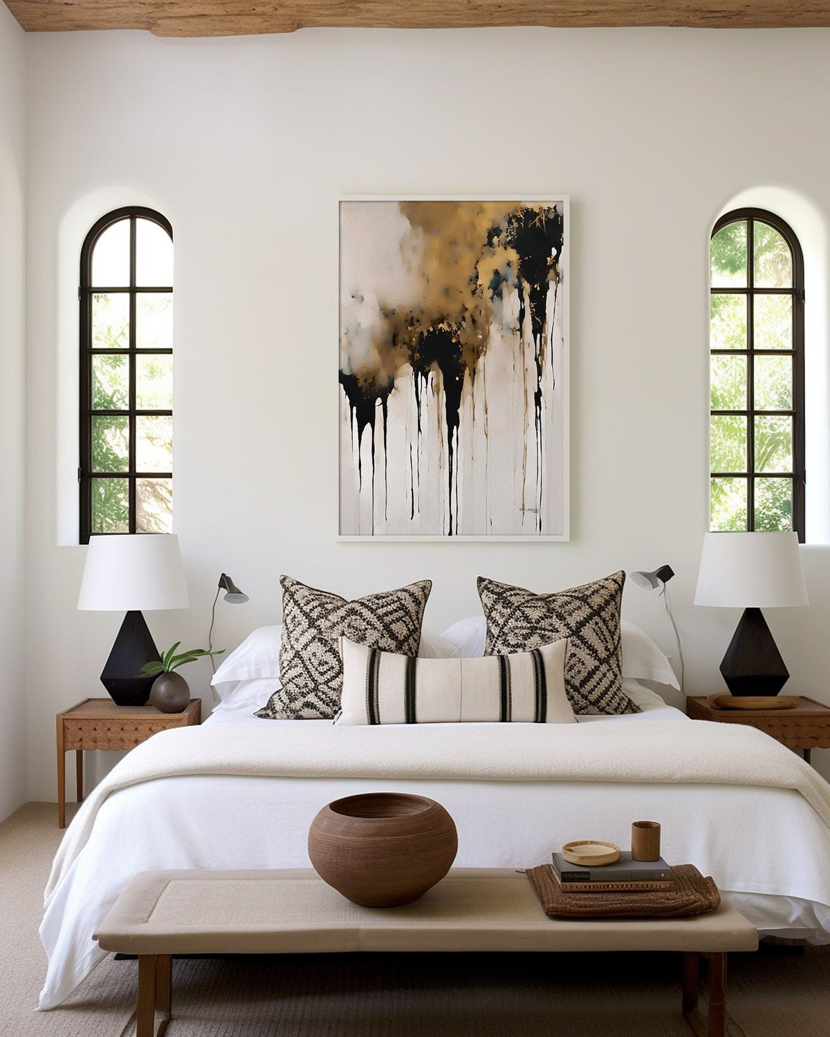 Crowned in Triumph, Revelation 3:21 canvas print above the bed between two arched windows