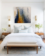 Pray without Ceasing, 1 Thessalonians 5:17 canvas print above the bed between two brass wall lights