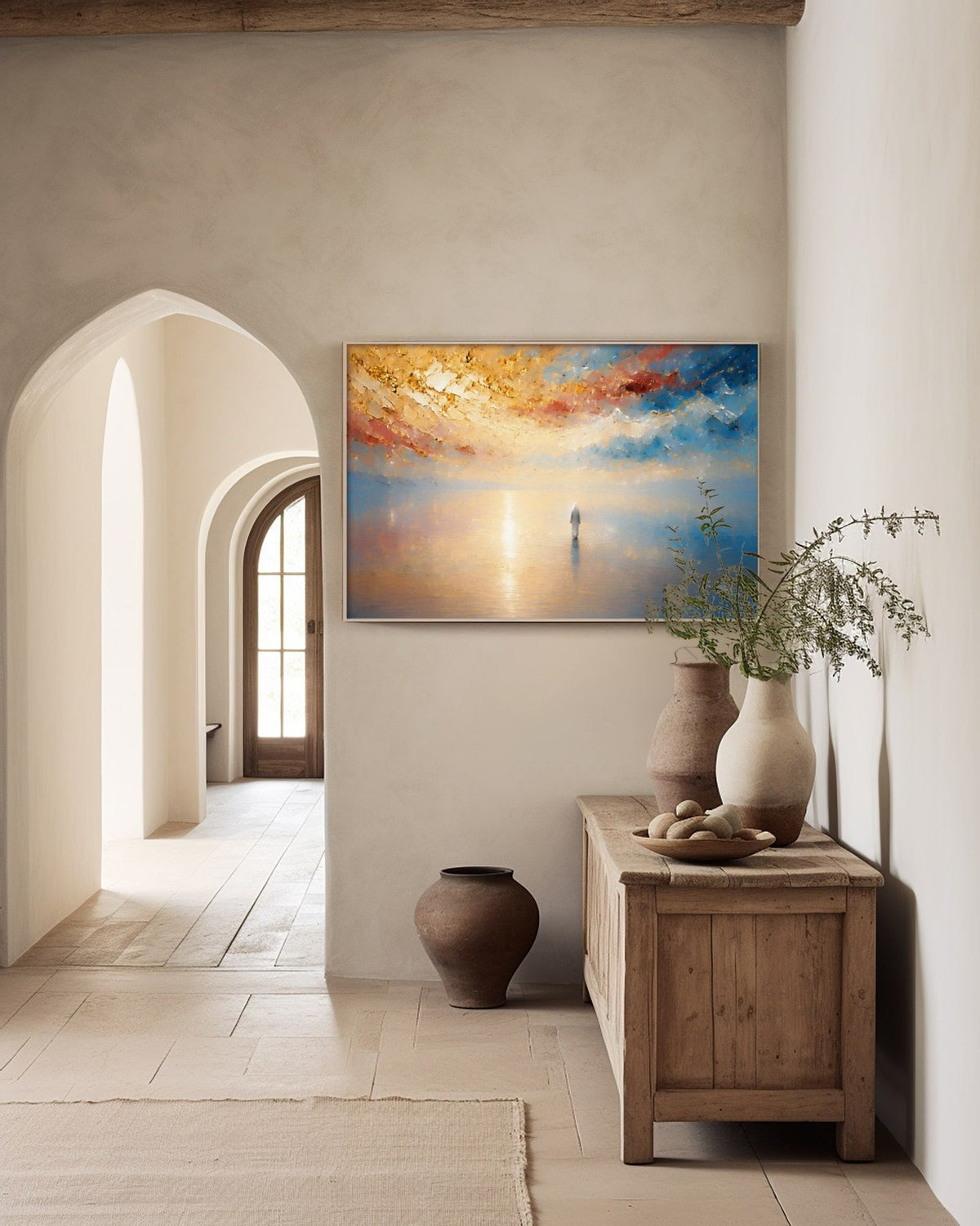 It Is I, Matthew 14:27 canvas print above a wooden cabinet in a plaster hallway with an arched doorway