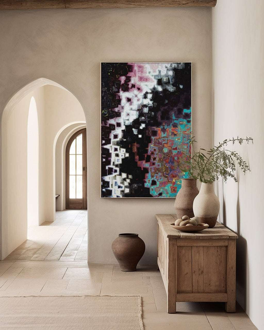 Jesus Christ, The Alpha and Omega, Revelation 1:8 canvas print above a wooden cabinet in a plaster hallway with an arched doorway
