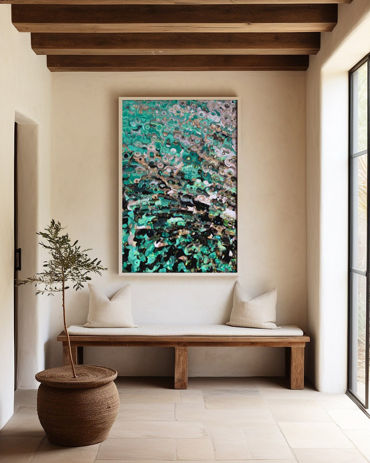 The Problem Or The Promises, 2 Peter 1:4 canvas print above a bench in an entryway with wooden ceiling beams