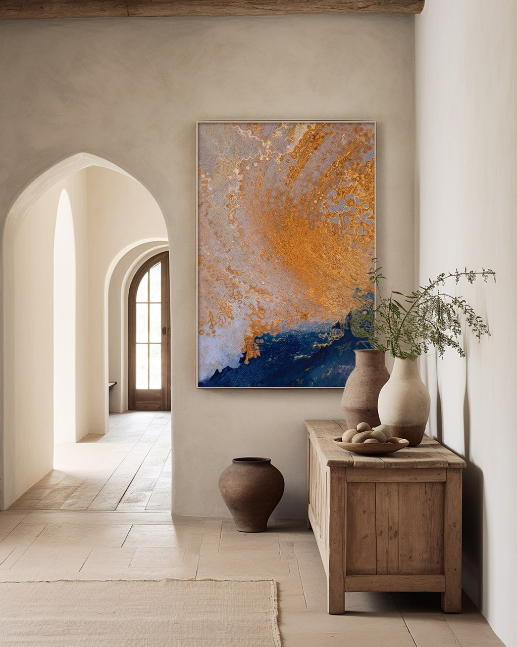 Joy in Believing, 1 Peter 1:8 canvas print above a wooden cabinet in a plaster hallway with an arched doorway