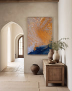 Joy in Believing, 1 Peter 1:8 canvas print above a wooden cabinet in a plaster hallway with an arched doorway