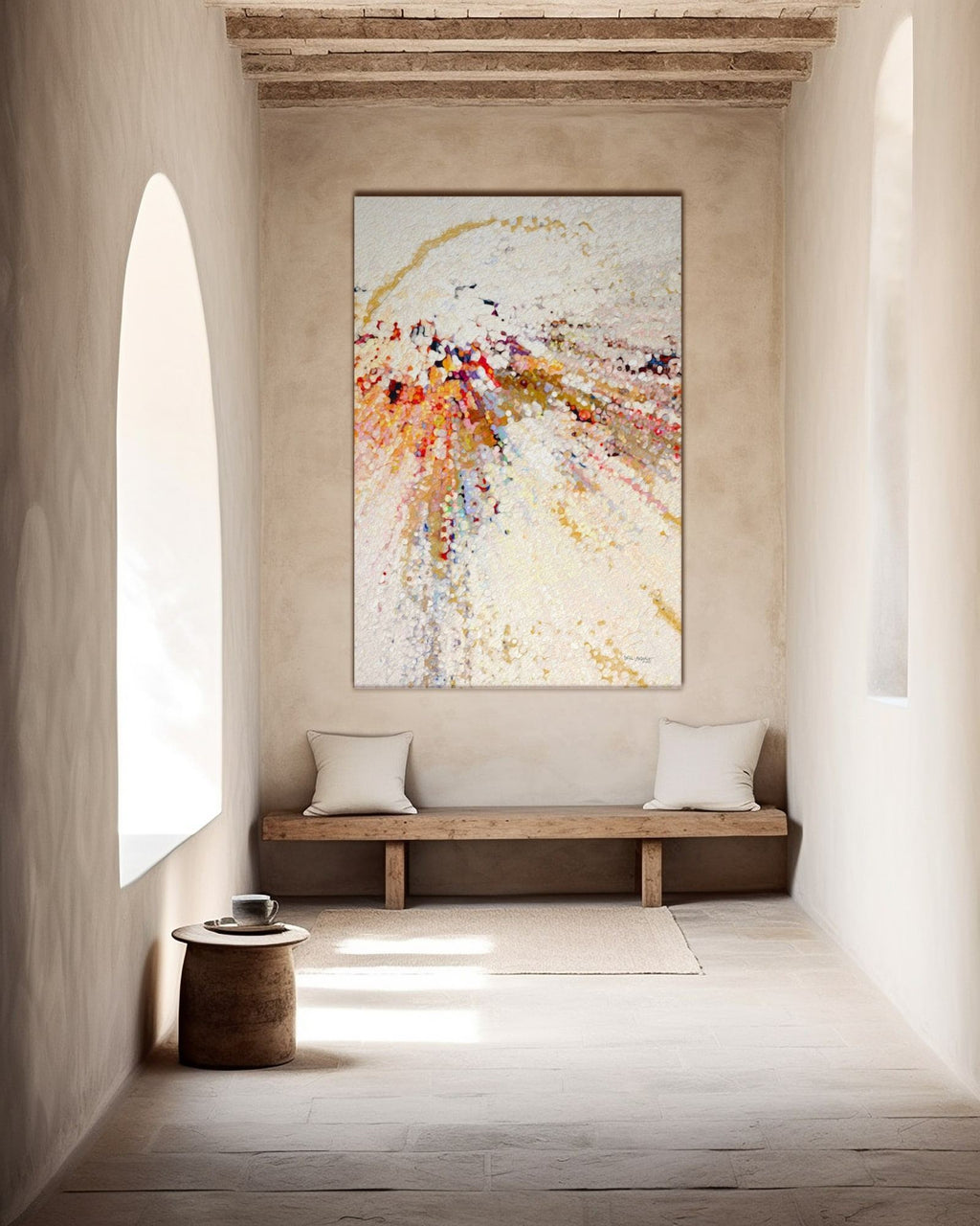 Learn To Live In Joy, John 16:22 canvas print above a wooden bench in a sunlit plaster hallway