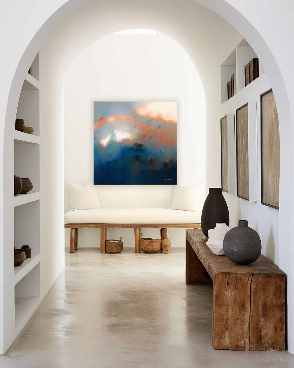 Never Lose Hope in Hard Times, Jeremiah 29:11 canvas print above a bench in an arched alcove with built-in shelves