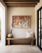 Under His Care, Isaiah 54:17 canvas print above a rustic bench beside a glass door, under wooden beams
