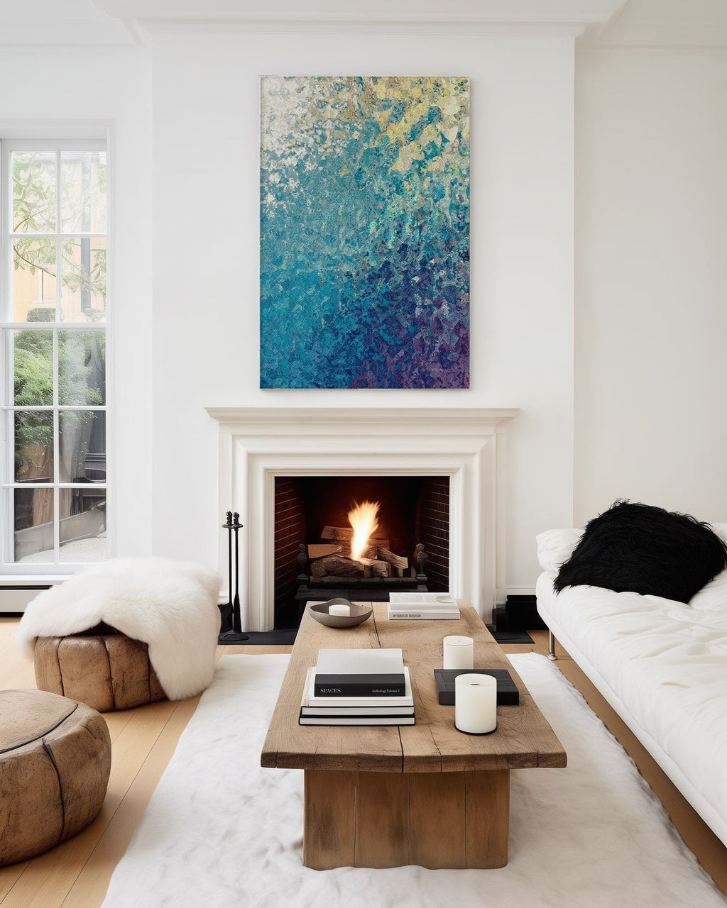 My Strength And Song, Isaiah 12:2 canvas print above a lit fireplace with a white mantel