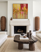 Divine Rainfall, Isaiah 45:8 canvas print above a sculpted plaster fireplace in a living room