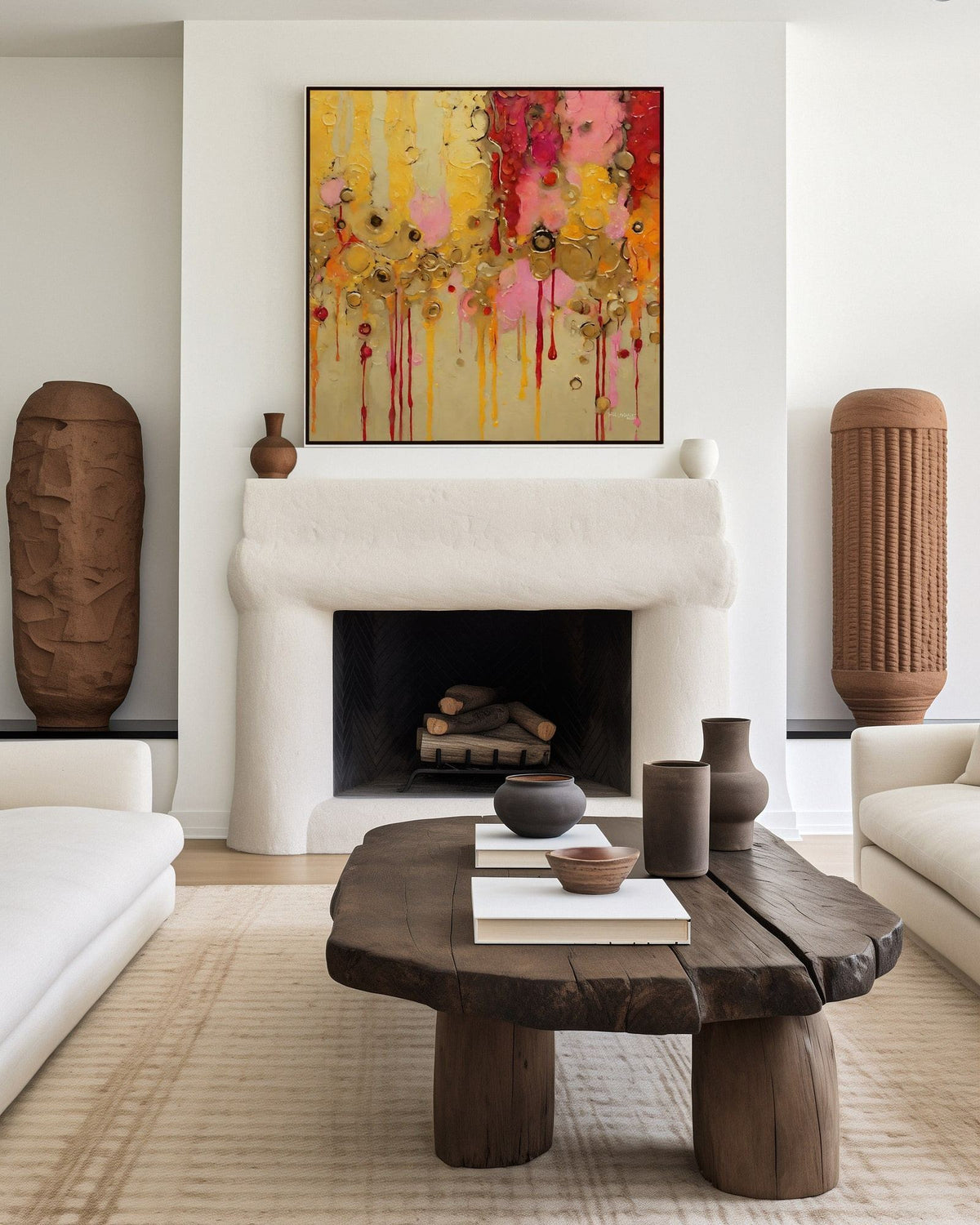 Divine Rainfall, Isaiah 45:8 canvas print above a sculpted plaster fireplace in a living room
