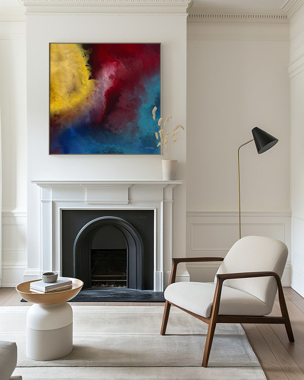Let There Be Light, Genesis 1:3 canvas print above a white mantel beside an armchair