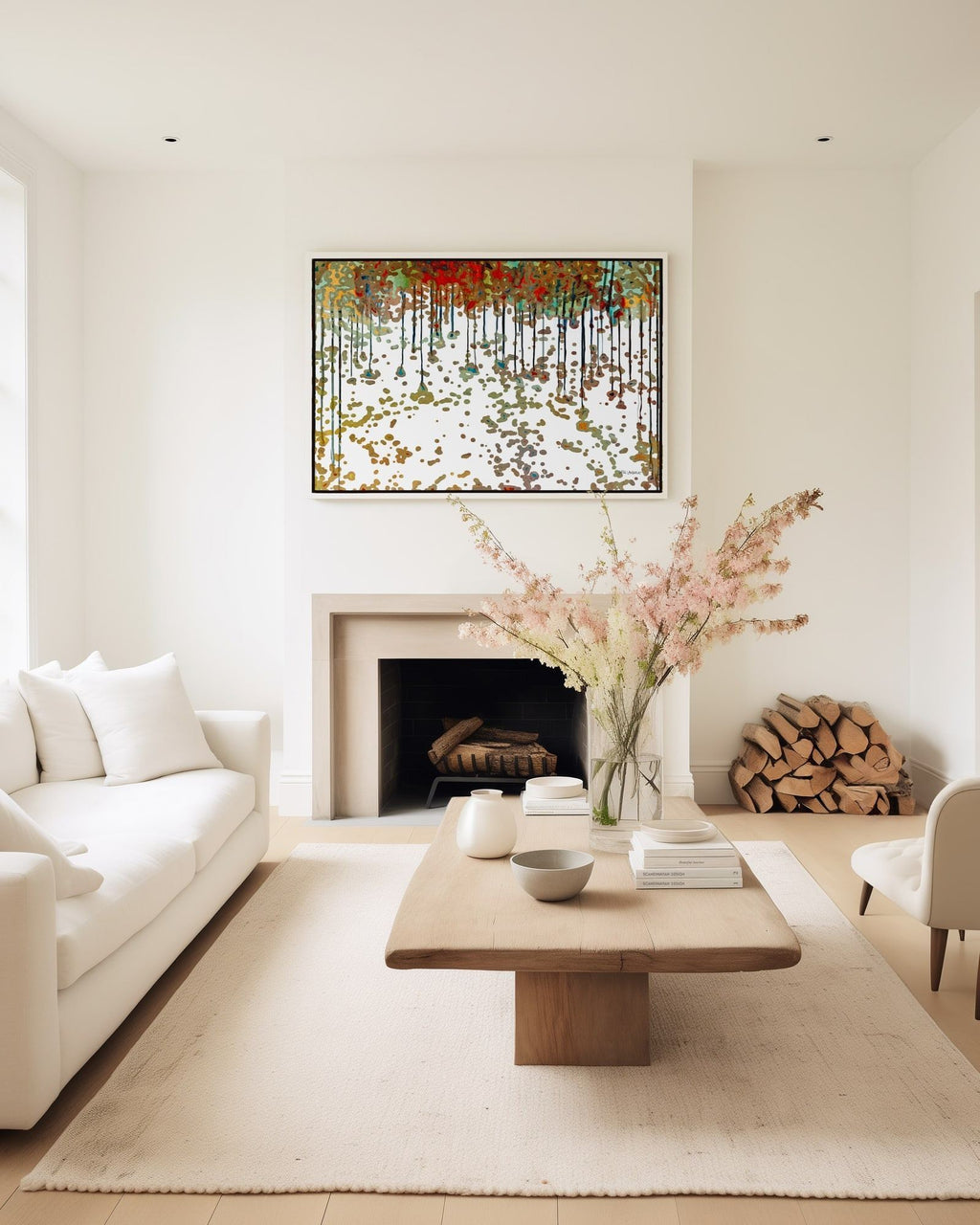 Bread From Heaven, Exodus 16:4 canvas print above a fireplace in a cream living room with spring blossom