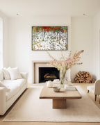Bread From Heaven, Exodus 16:4 canvas print above a fireplace in a cream living room with spring blossom