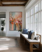 Heavenly Gathering, 1 Thessalonians 4:14 canvas print above a cushioned bench beside a wall of windows