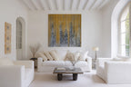 God Works In You, Philippians 2:13 canvas print above a white sofa in a wide, bright living room