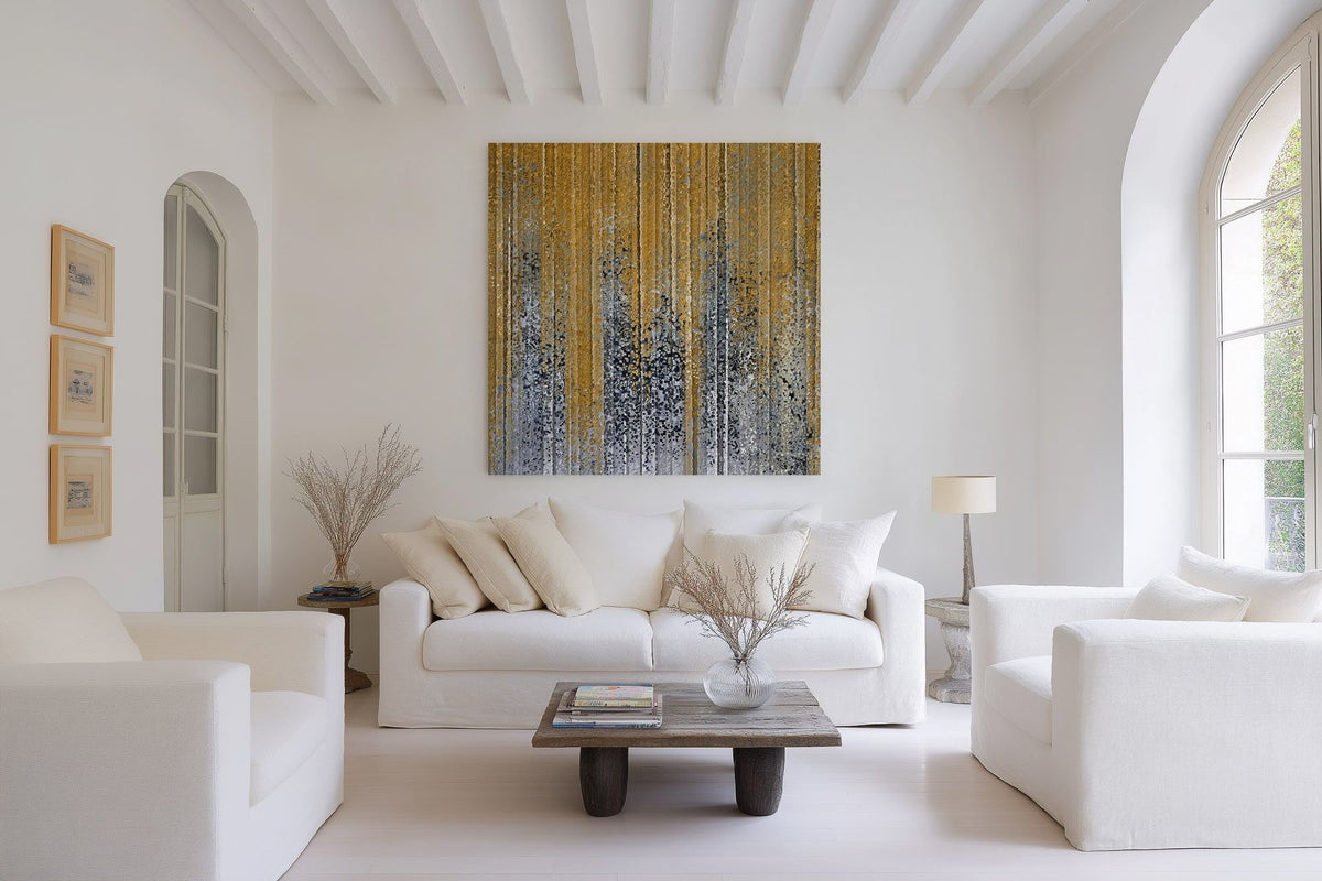 God Works In You, Philippians 2:13 canvas print above a white sofa in a wide, bright living room