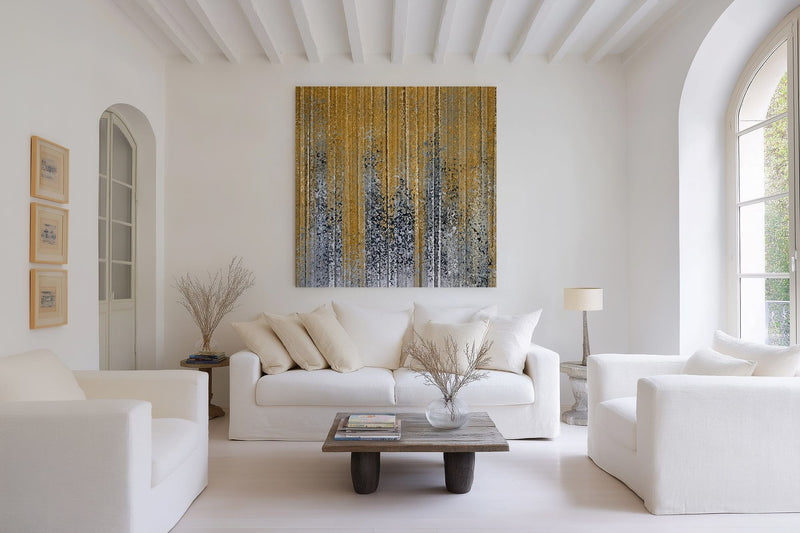 God Works In You, Philippians 2:13 canvas print above a white sofa in a wide, bright living room