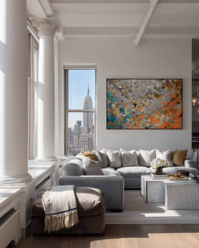 Discover Your Inner Gift, 1 Peter 4:10 canvas print above a grey sofa in a city loft