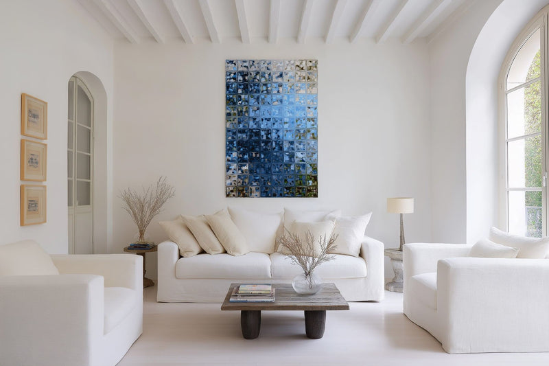 Window of Light, Matthew 6:22 canvas print above a white sofa in a wide, bright living room