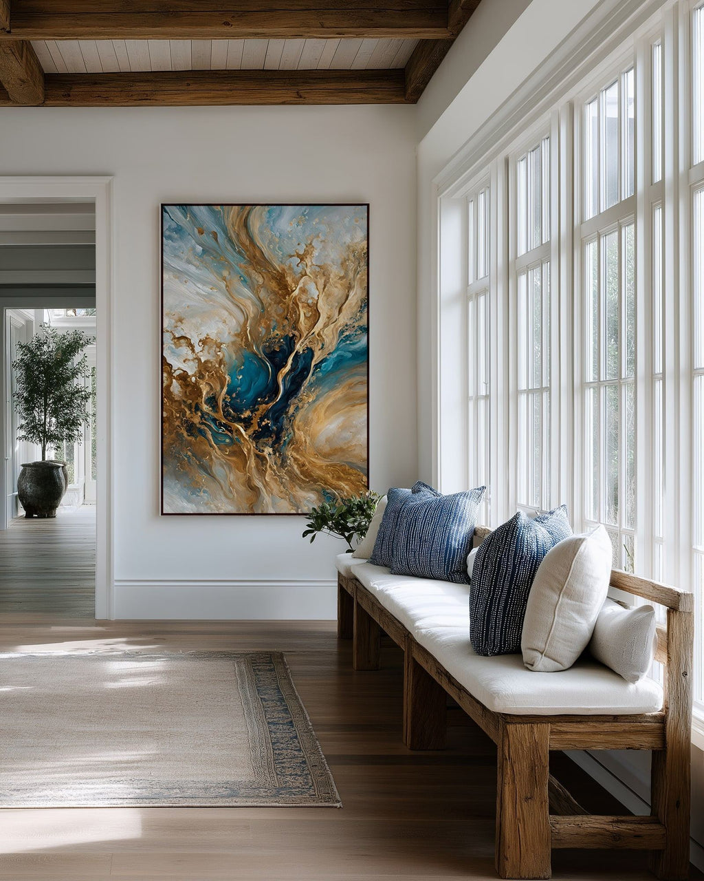 Celestial Vision, Matthew 3:16 canvas print above a cushioned bench beside a wall of windows