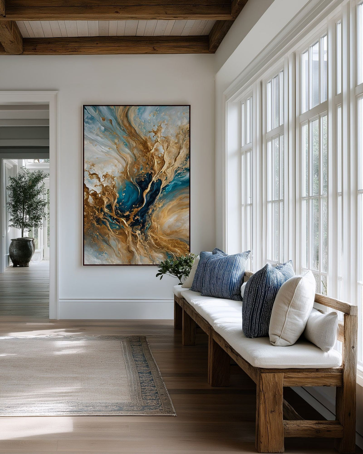 Celestial Vision, Matthew 3:16 canvas print above a cushioned bench beside a wall of windows