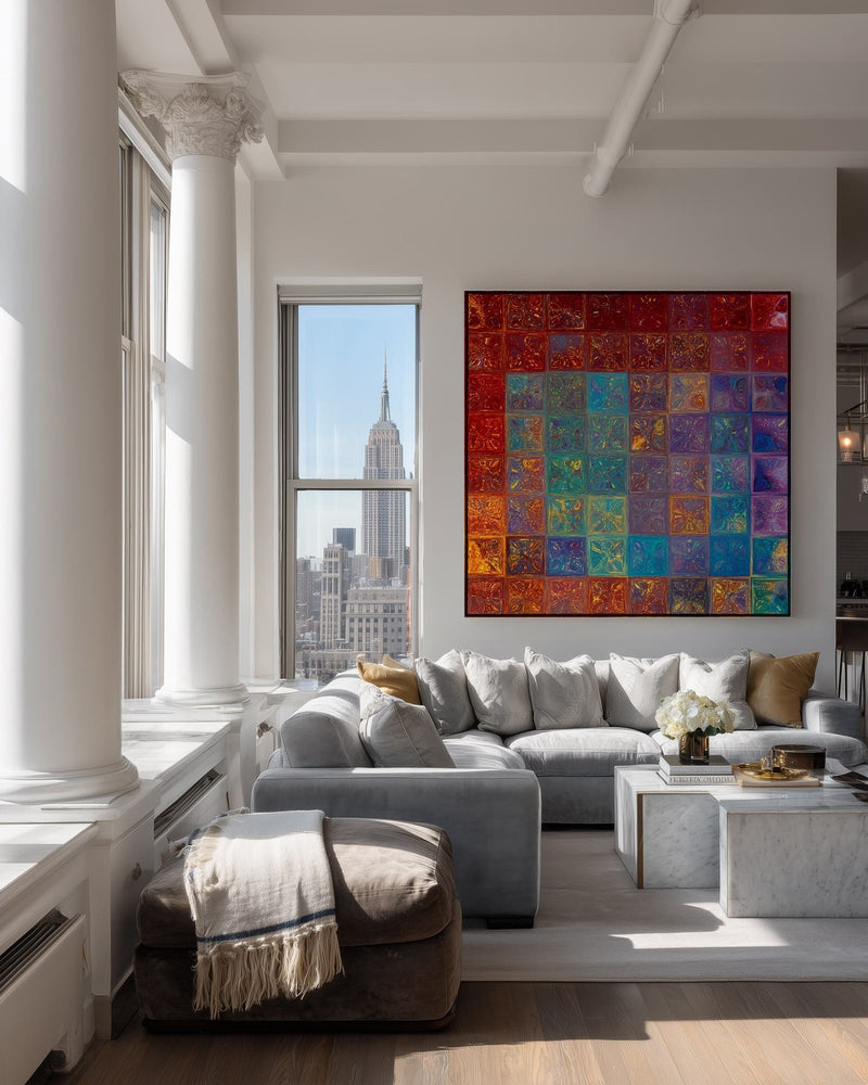 Surrounded By Love, Psalm 32:10 canvas print above a grey sofa in a city loft