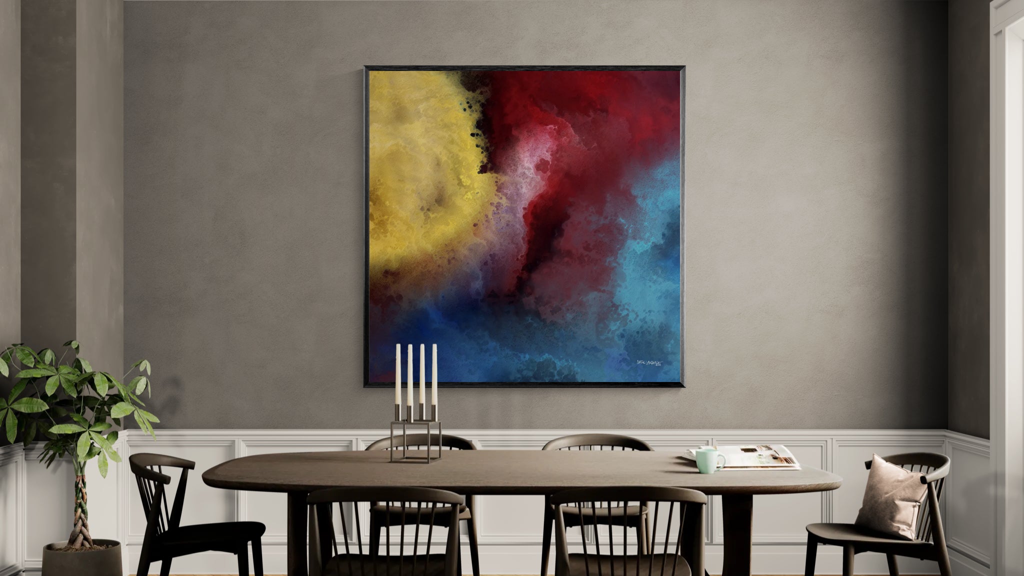 Let There Be Light, Genesis 1:3, canvas print by Mark Lawrence above a dining table in a classic dining room