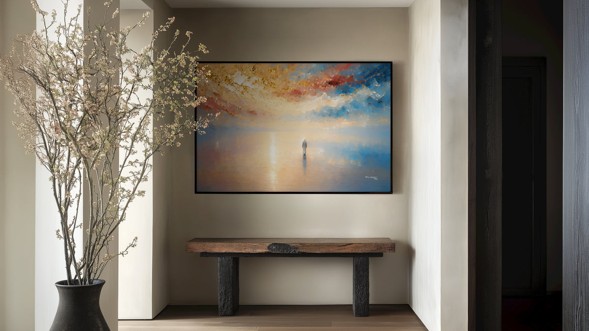 It Is I, Matthew 14:27, canvas print by Mark Lawrence above a wooden bench in an entryway