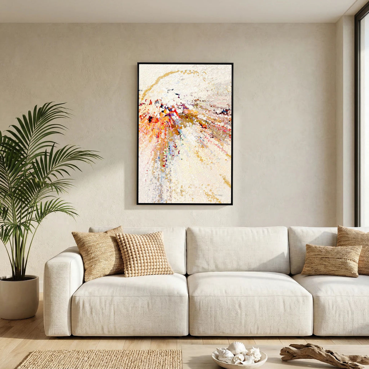 Learn To Live In Joy, John 16:22 canvas print above a sofa in a living room