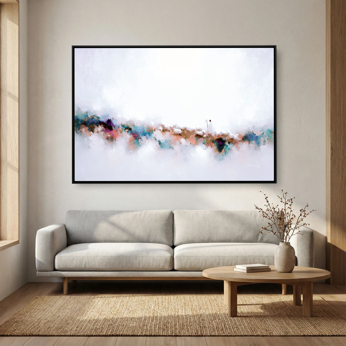 Known By Name, John 10:14 canvas print above a grey sofa in a living room