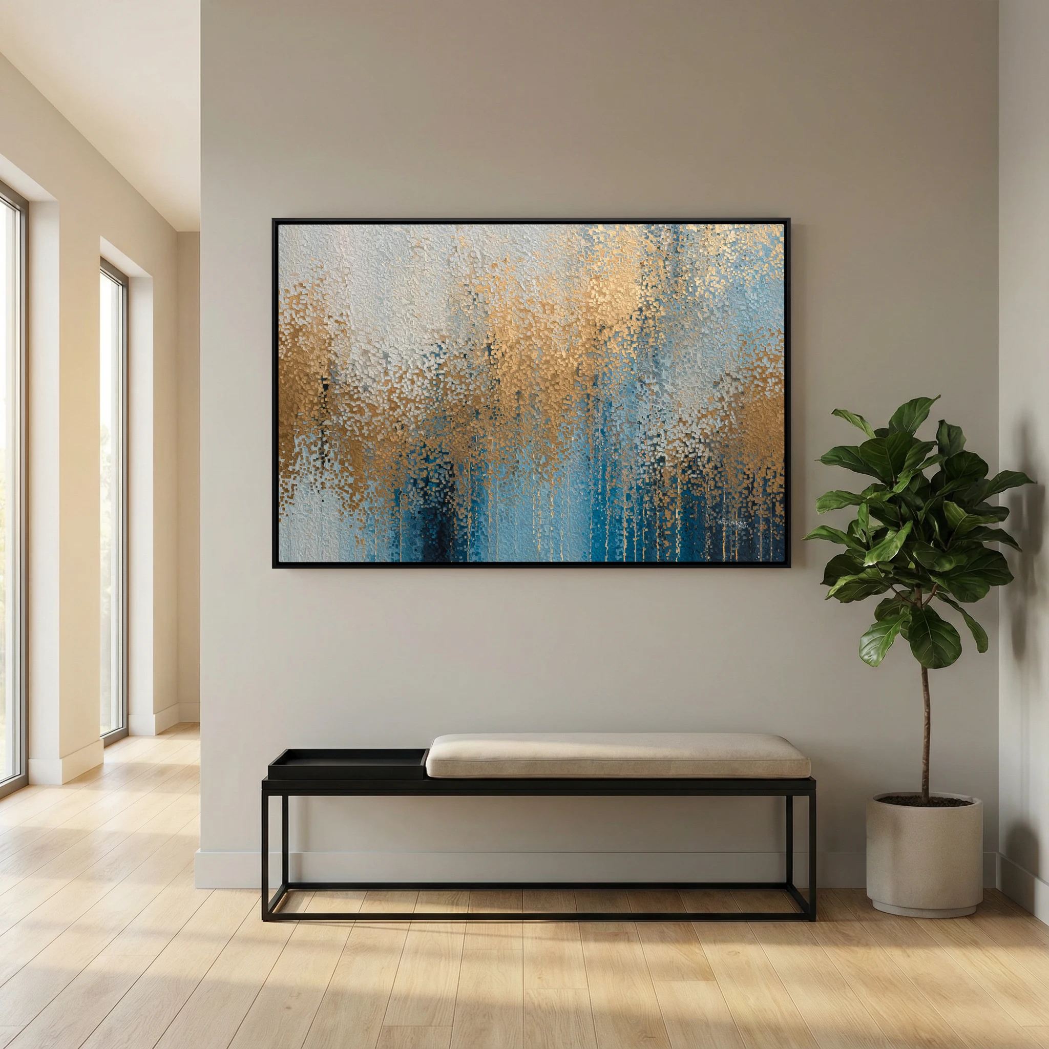 Glory Unveiled, Revelation 21:23 canvas print above a bench in an entryway, beside a fiddle-leaf fig