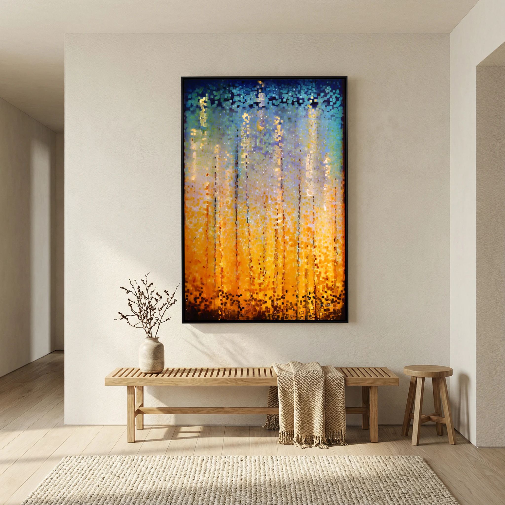 Everyone Who Calls, Romans 10:13 canvas print above a bench in a hallway