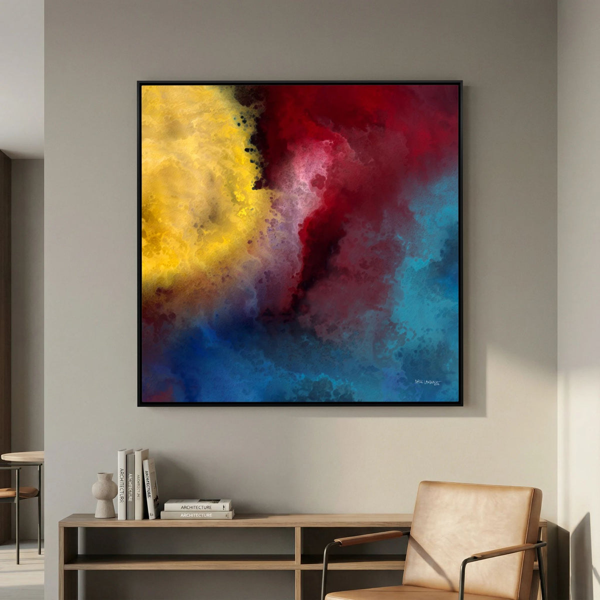 Let There Be Light, Genesis 1:3 canvas print above a sideboard in a reading corner