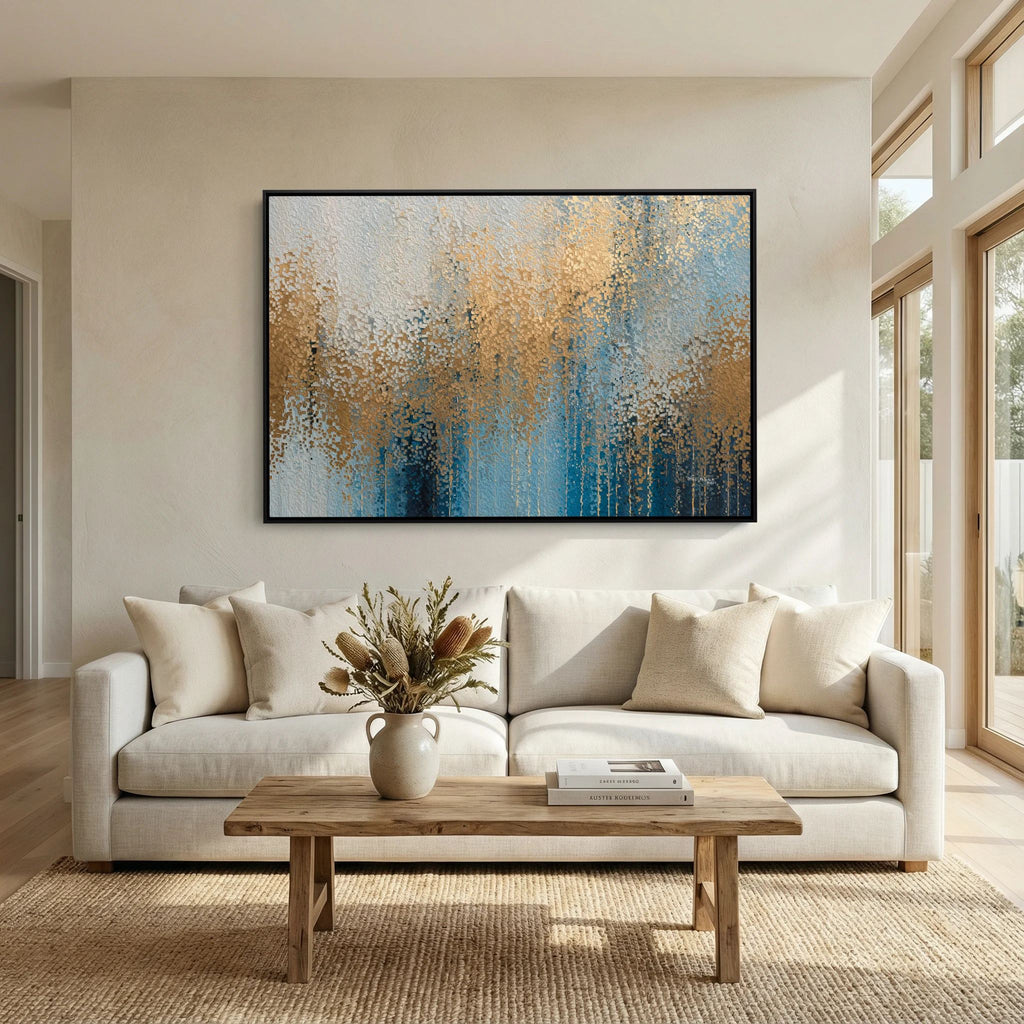 Glory Unveiled, Revelation 21:23 canvas print above a white sofa in a bright living room