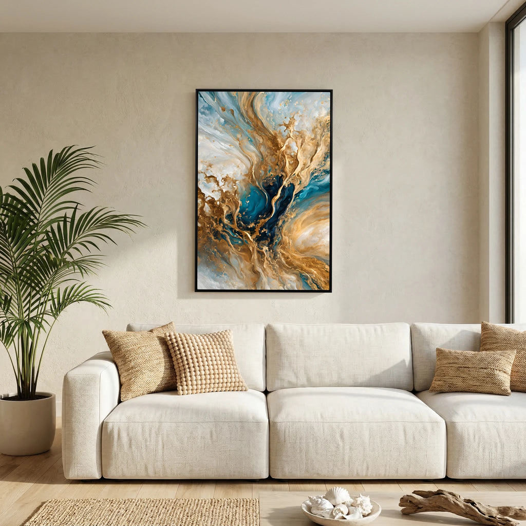 Celestial Vision, Matthew 3:16 canvas print above a sofa in a living room