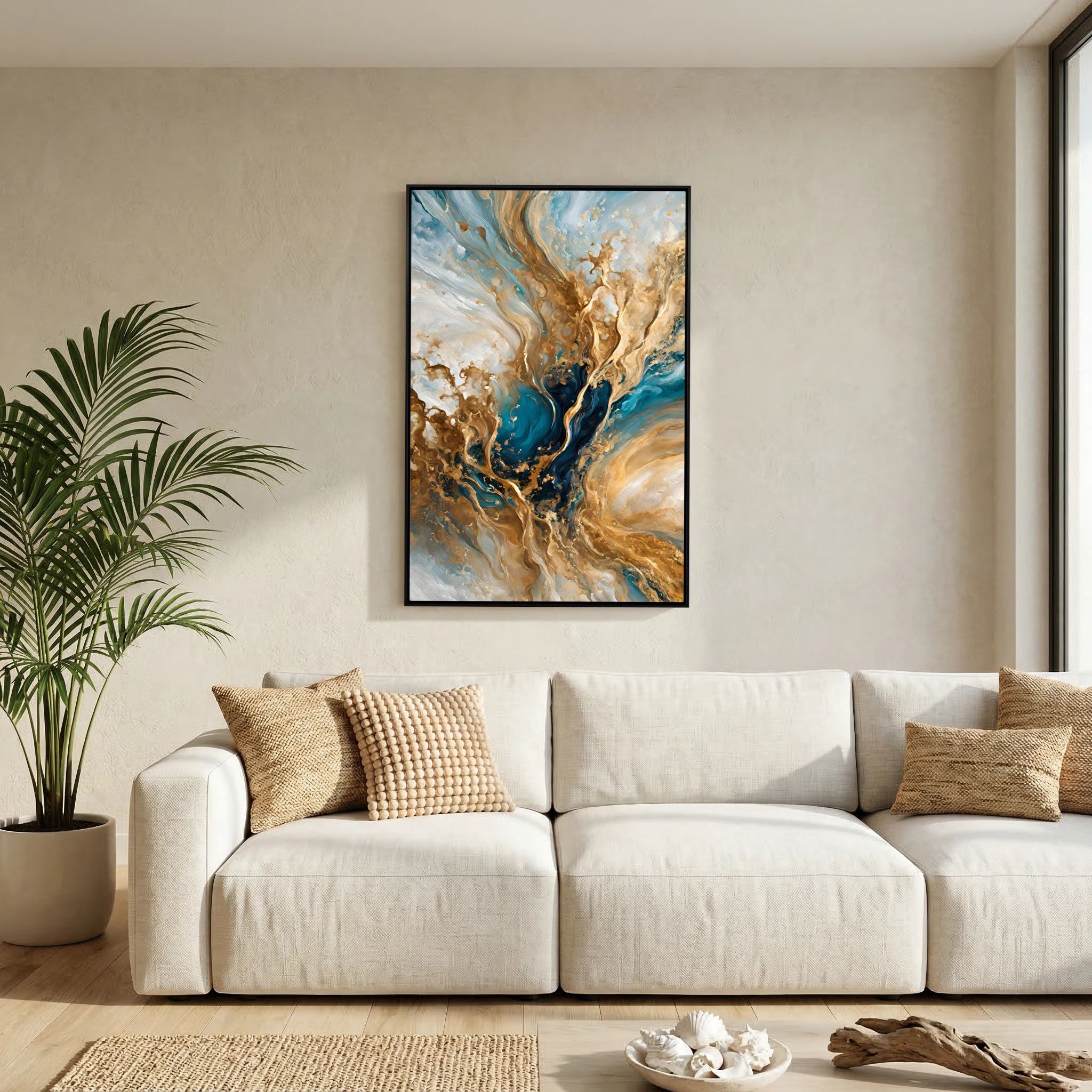 Celestial Vision, Matthew 3:16 canvas print above a sofa in a living room