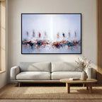 In Remembrance of Me, Luke 22:19 canvas print above a grey sofa in a living room