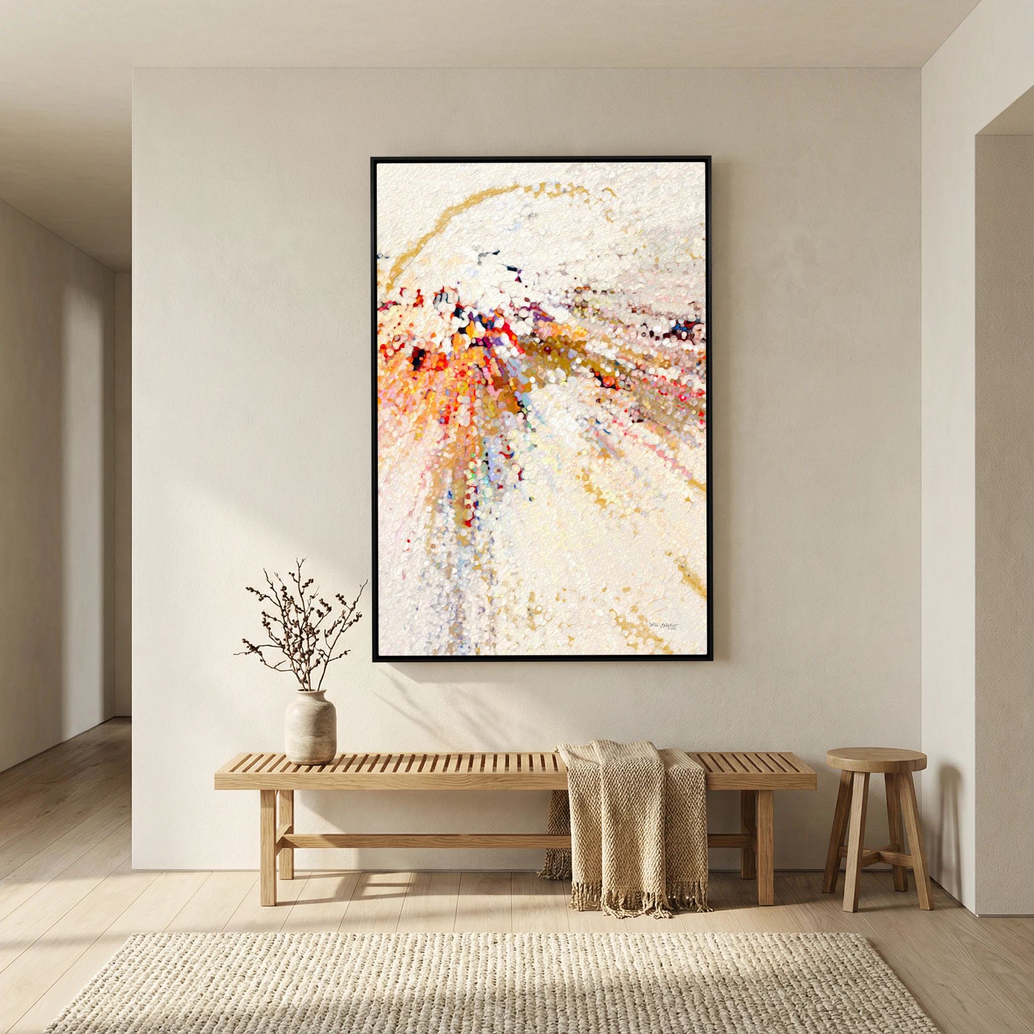 Learn To Live In Joy, John 16:22 canvas print above a bench in a hallway