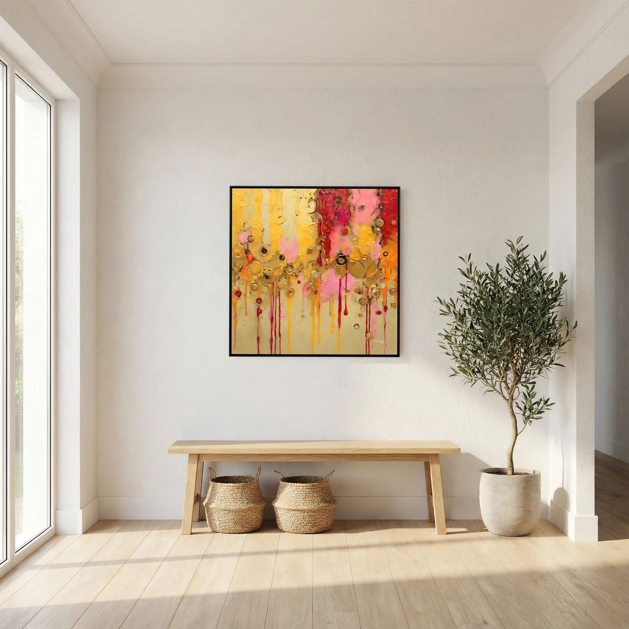 Divine Rainfall, Isaiah 45:8 canvas print above a bench in an entryway