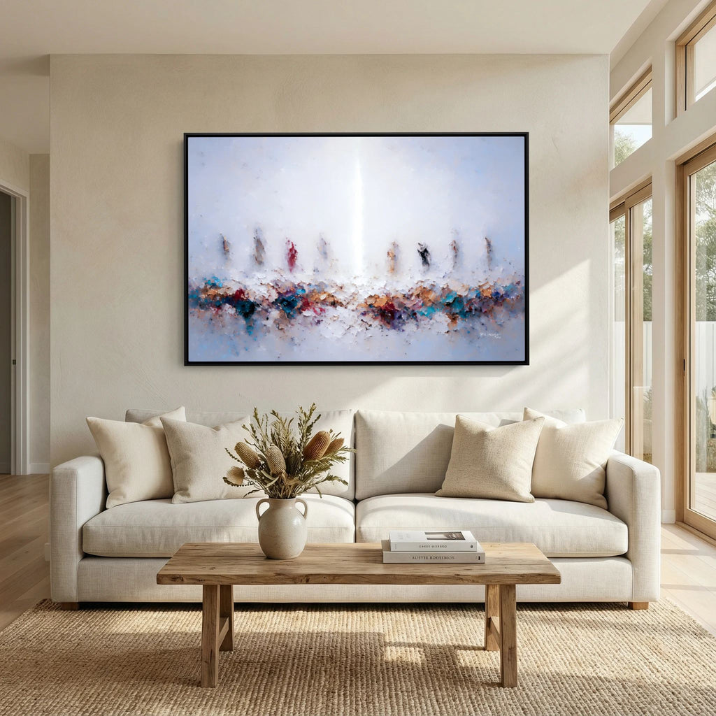 In Remembrance of Me, Luke 22:19 canvas print above a white sofa in a bright living room