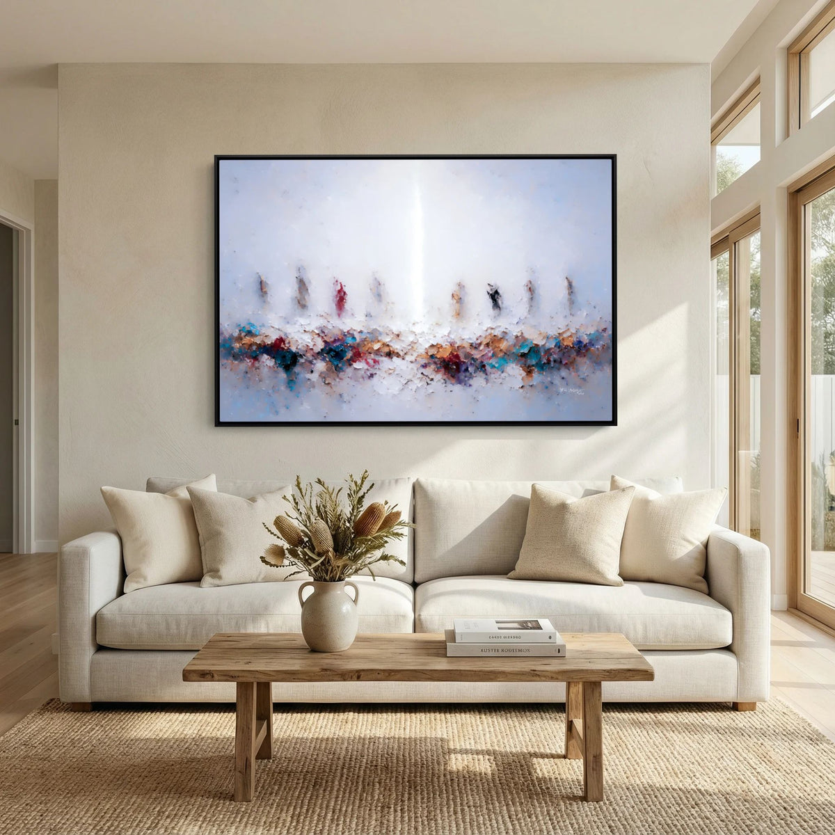 In Remembrance of Me, Luke 22:19 canvas print above a white sofa in a bright living room