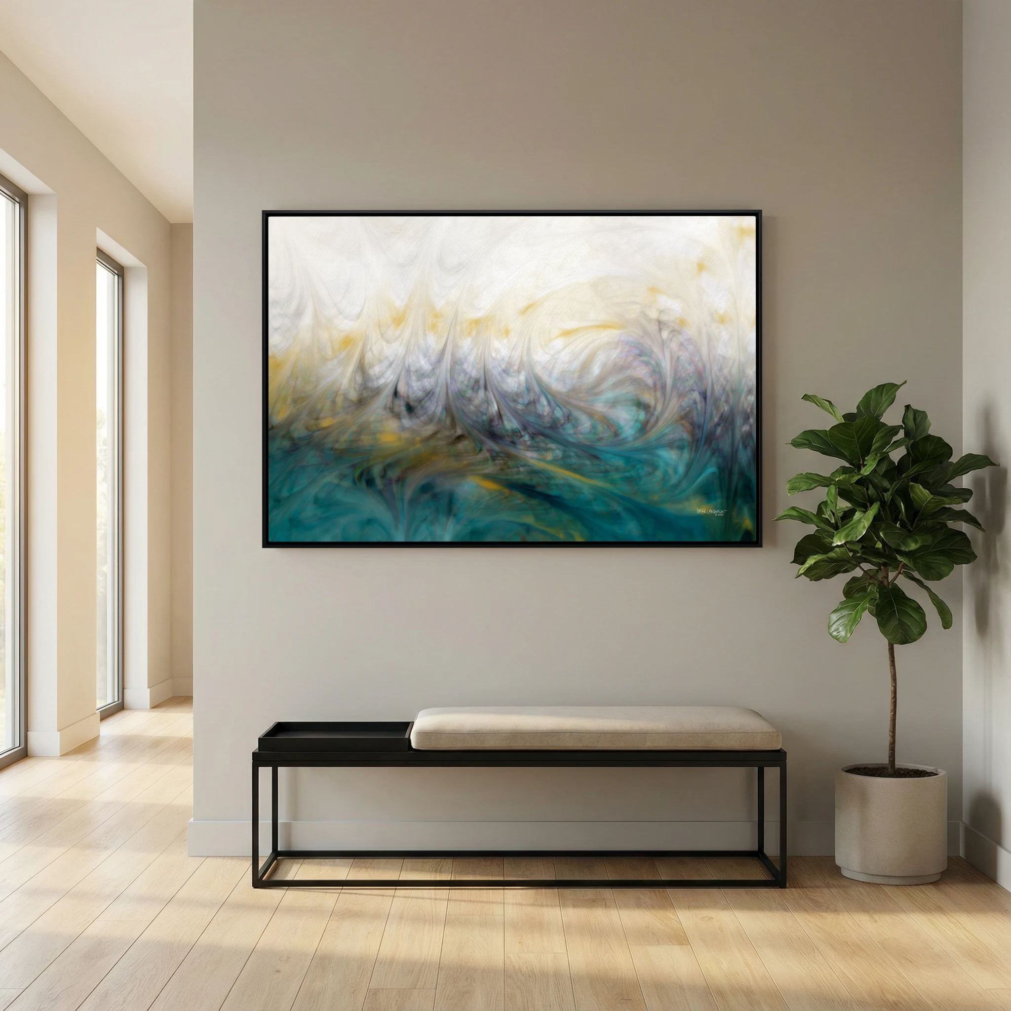 Our Secret Place, Psalm 91:1 canvas print above a bench in an entryway, beside a fiddle-leaf fig
