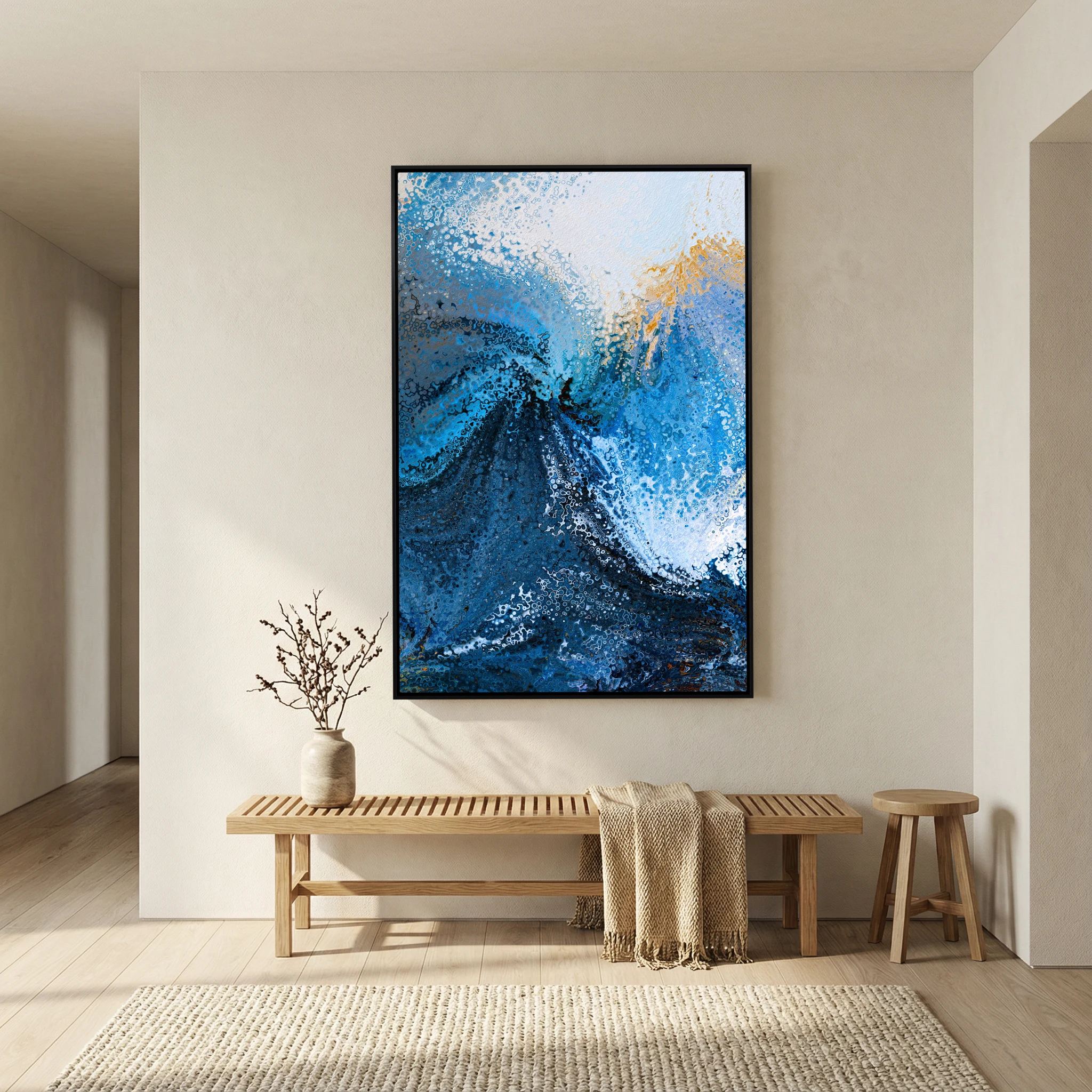 Hold Fast, Hebrews 10:23 canvas print above a bench in a hallway