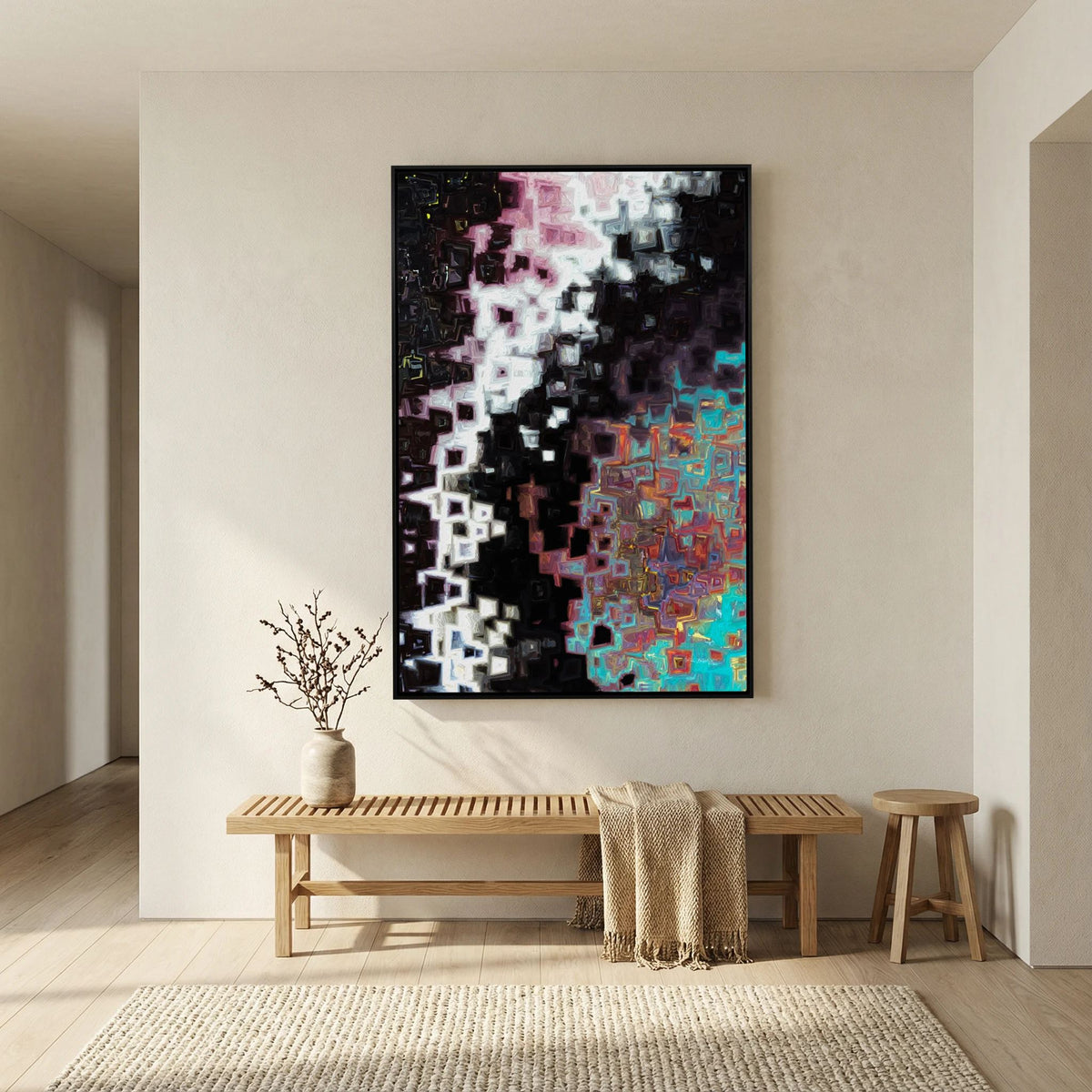Jesus Christ, The Alpha and Omega, Revelation 1:8 canvas print above a bench in a hallway