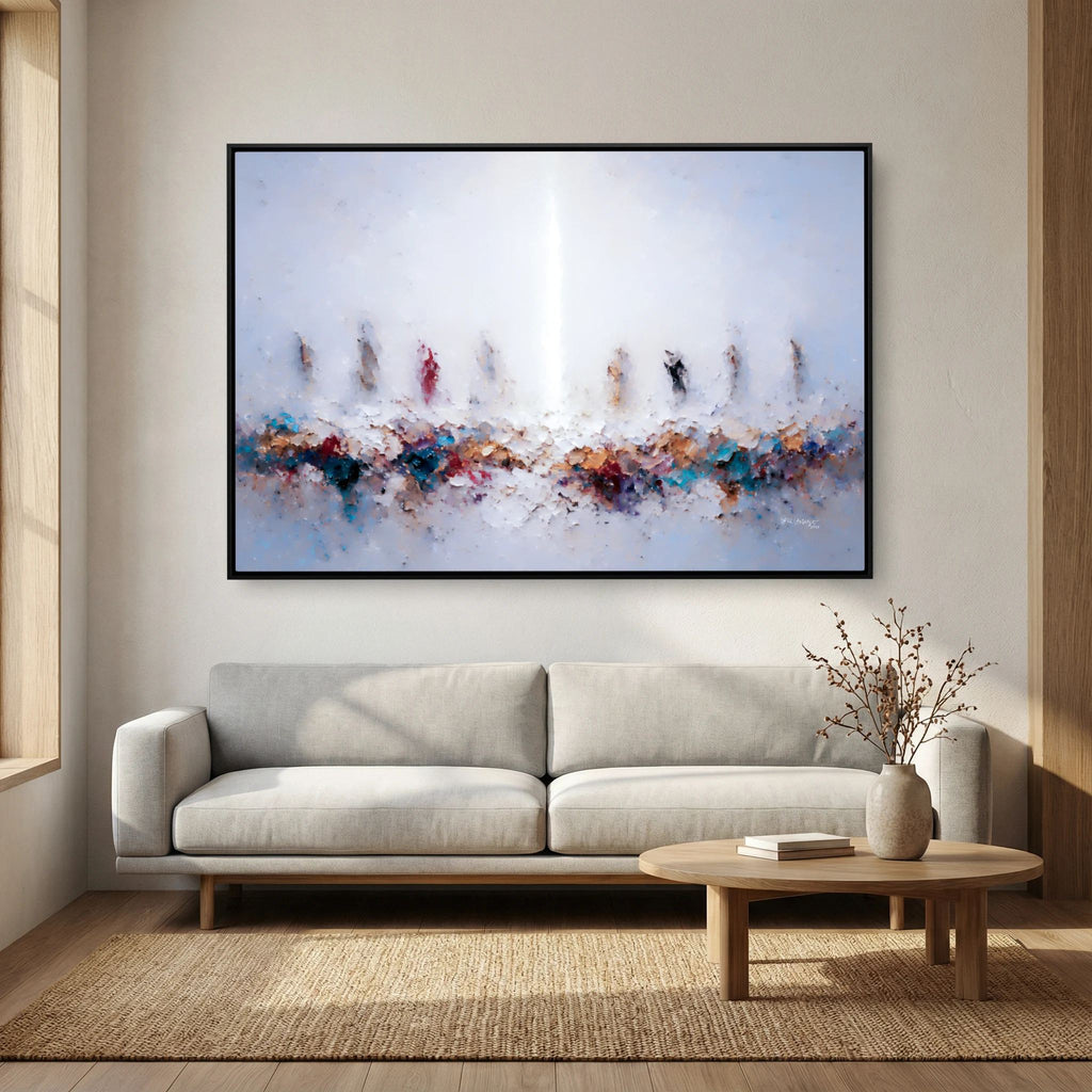 In Remembrance of Me, Luke 22:19 canvas print above a grey sofa in a living room
