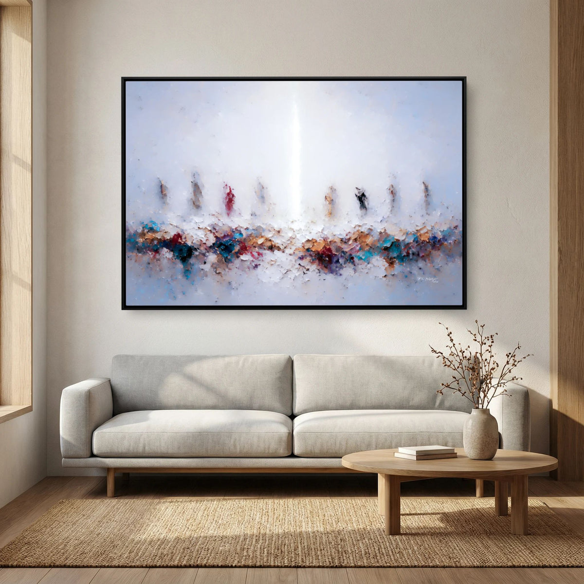 In Remembrance of Me, Luke 22:19 canvas print above a grey sofa in a living room