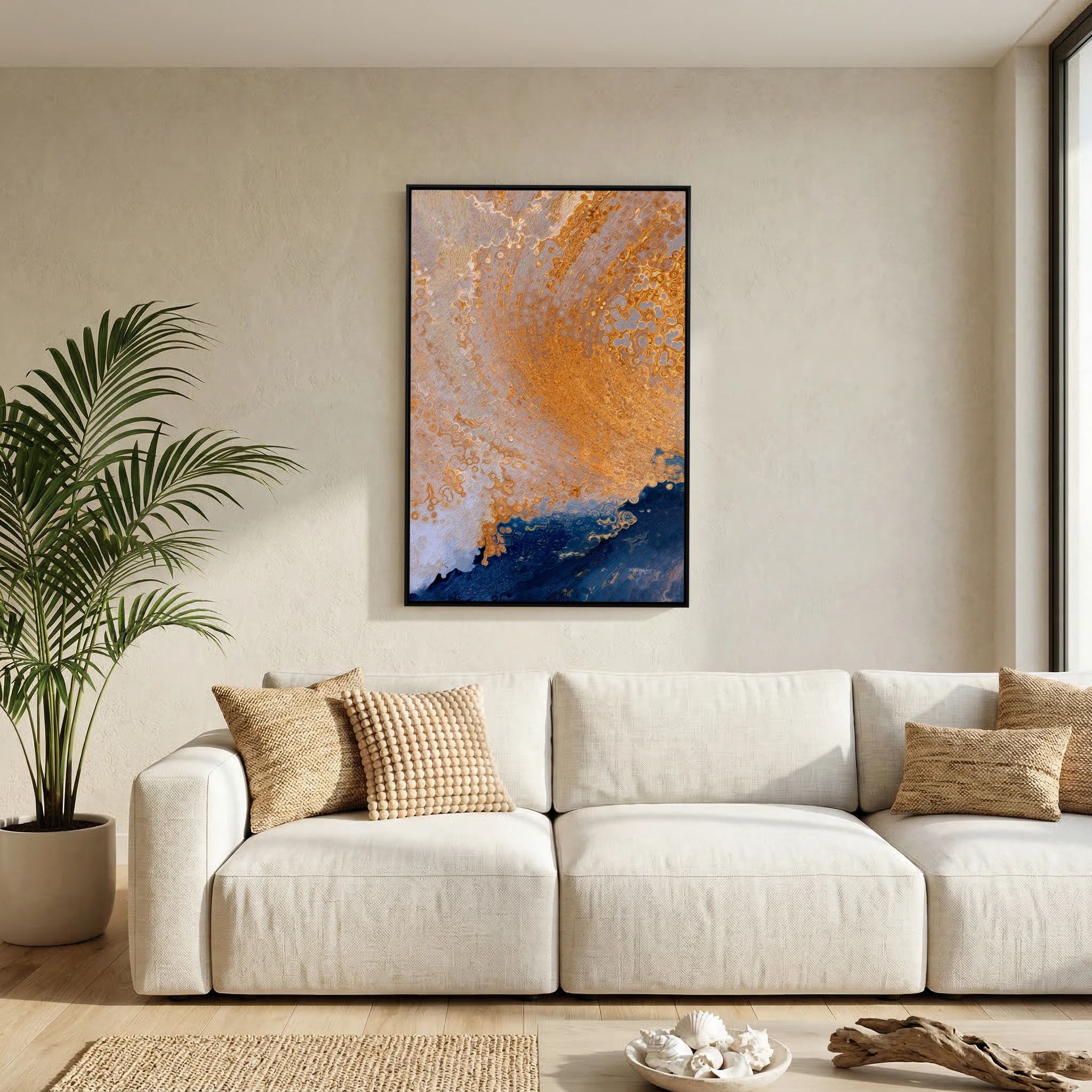 Joy in Believing, 1 Peter 1:8 canvas print above a sofa in a living room